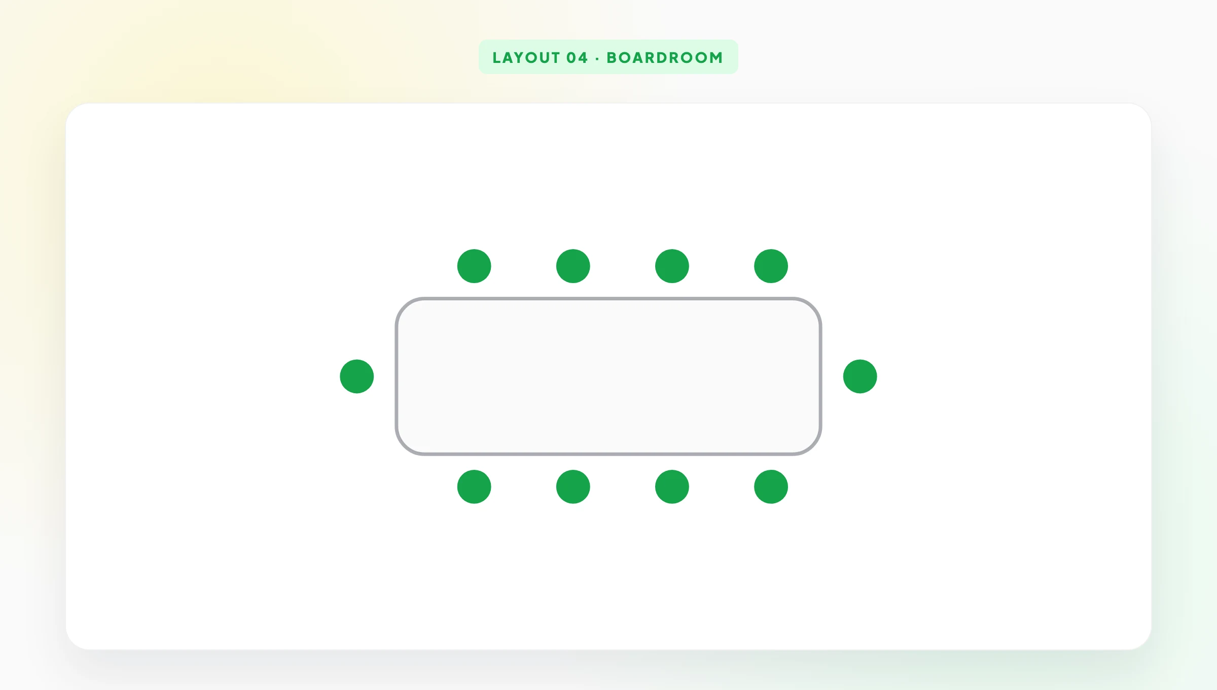 Diagrama de distribución de sala de juntas — mesa rectangular con asientos alrededor